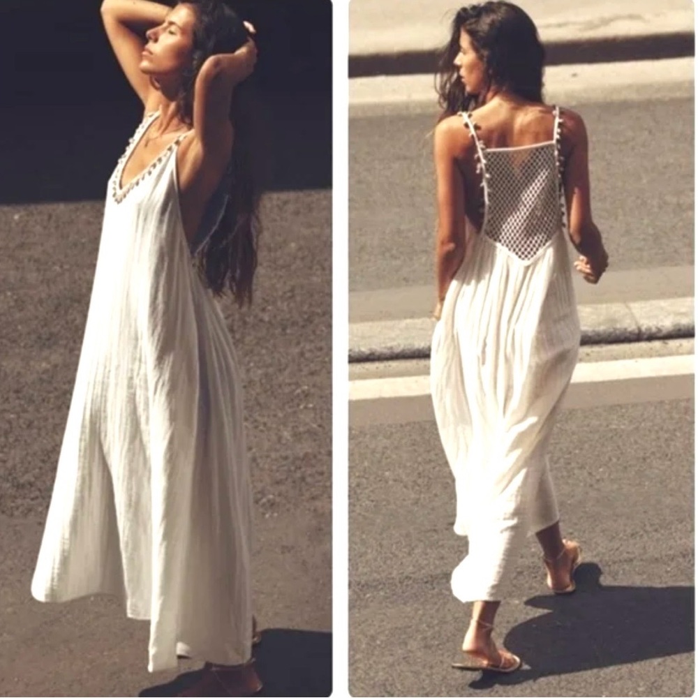 Zara White Maxi Dress Cotton Crochet Seashells Vacation SZ XS. EUC
